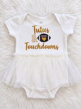 White Baby Tutu Bodysuit with Gold Glitter 'Tutus & Touchdowns' Graphic